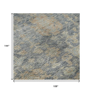 HomeRoots 9' X 12' Denim Blue Damask Area Rug - Stylish, Washable, UV Protected, Durable for Kids & Pets 684405