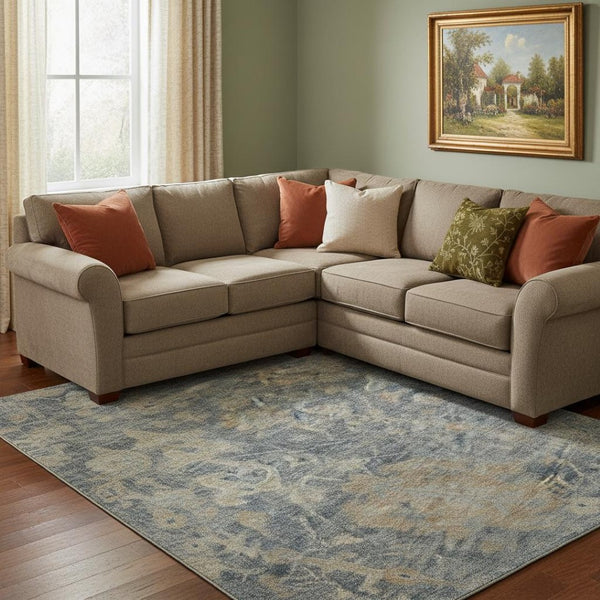 HomeRoots 10' X 14' Denim Blue Damask Area Rug - Washable, UV-Protected, Stain-Resistant for Busy Homes 684406