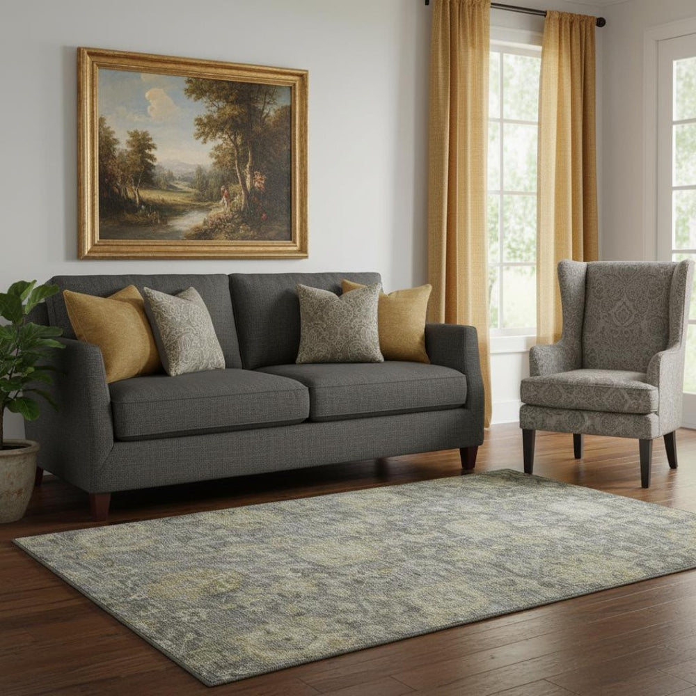 HomeRoots 5' X 8' Elegant Pewter Gray & Beige Damask Area Rug – Washable, UV-Protected for Busy Homes! 684408