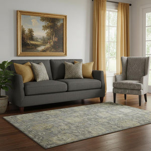 HomeRoots 5' X 8' Elegant Pewter Gray & Beige Damask Area Rug – Washable, UV-Protected for Busy Homes! 684408