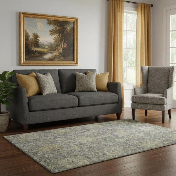HomeRoots 5' X 8' Elegant Pewter Gray & Beige Damask Area Rug – Washable, UV-Protected for Busy Homes! 684408