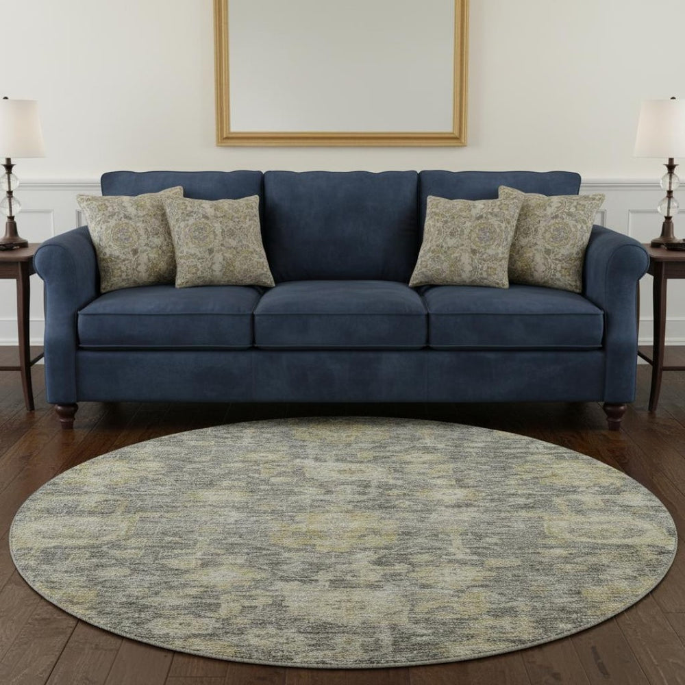 HomeRoots 8' Stylish Pewter Gray & Beige Damask Round Rug - Washable, UV-Protected, Pet-Friendly Design 684409