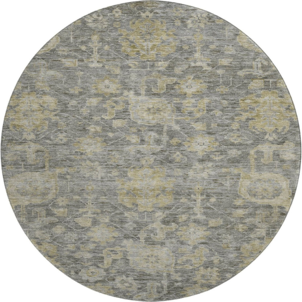 HomeRoots 8' Stylish Pewter Gray & Beige Damask Round Rug - Washable, UV-Protected, Pet-Friendly Design 684409