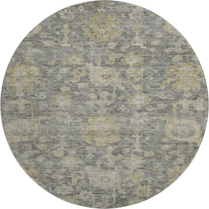 HomeRoots 8' Stylish Pewter Gray & Beige Damask Round Rug - Washable, UV-Protected, Pet-Friendly Design 684409