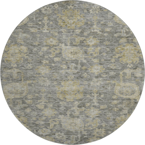 HomeRoots 8' Stylish Pewter Gray & Beige Damask Round Rug - Washable, UV-Protected, Pet-Friendly Design 684409
