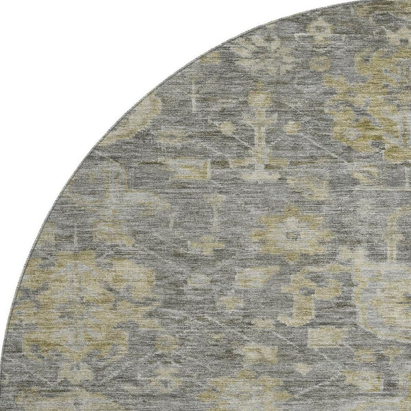 HomeRoots 8' Stylish Pewter Gray & Beige Damask Round Rug - Washable, UV-Protected, Pet-Friendly Design 684409