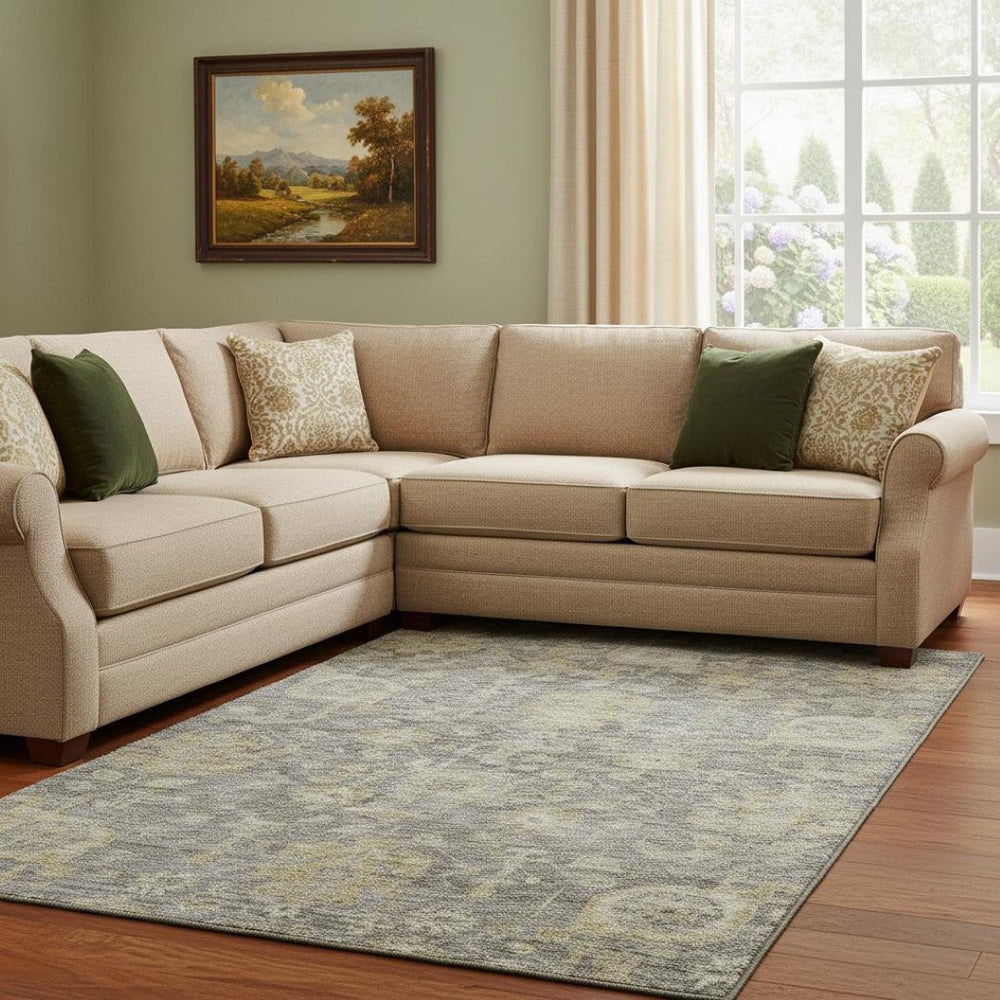 HomeRoots 8' X 10' Elegant Pewter Gray & Beige Damask Area Rug - Durable, Washable, UV Protected for Homes 684410