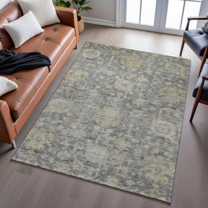 HomeRoots 8' X 10' Elegant Pewter Gray & Beige Damask Area Rug - Durable, Washable, UV Protected for Homes 684410
