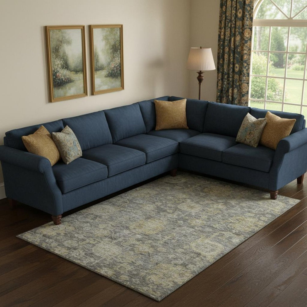 HomeRoots 9' X 12' Pewter Gray and Beige Damask Area Rug - Stylish, Washable, UV-Protected for Family Spaces 684411