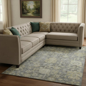 HomeRoots 10' X 14' Pewter Gray & Beige Damask Washable Area Rug - Stain Resistant, UV Protected & Durable Design 684412