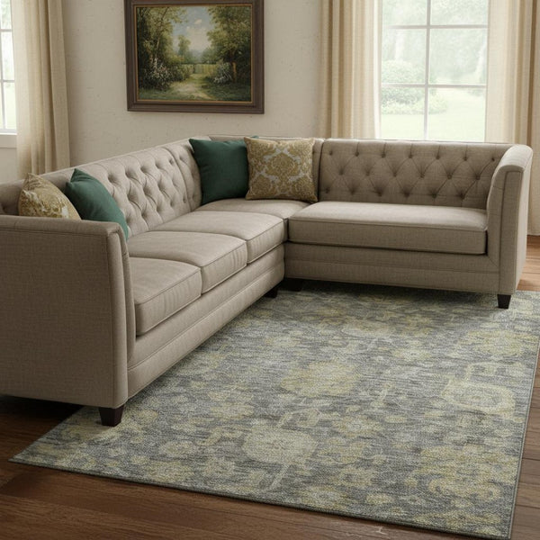 HomeRoots 10' X 14' Pewter Gray & Beige Damask Washable Area Rug - Stain Resistant, UV Protected & Durable Design 684412