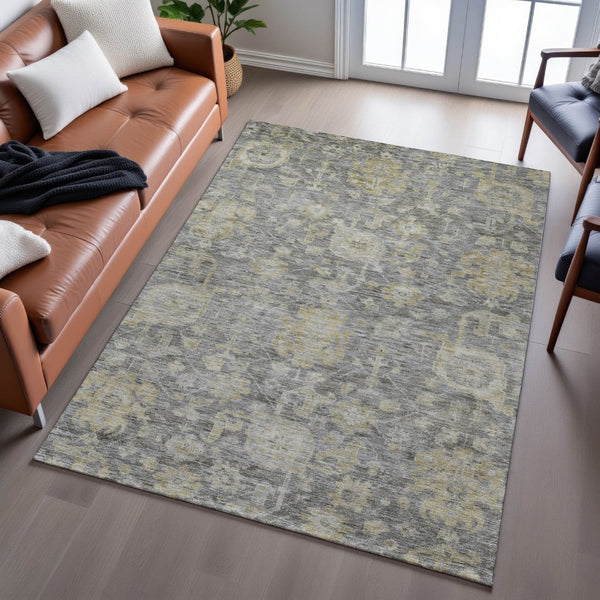 HomeRoots 10' X 14' Pewter Gray & Beige Damask Washable Area Rug - Stain Resistant, UV Protected & Durable Design 684412