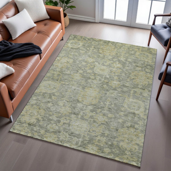 HomeRoots 5' X 8' Elegant Sage & Gold Damask Washable Area Rug with UV Protection for Stylish Homes 684414