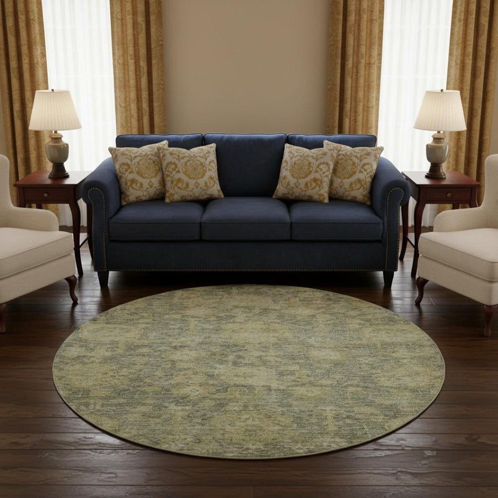 HomeRoots 8' Sage and Gold Damask Round Rug - Washable, UV-Protected, Stain-Resistant for High-Traffic Areas 684415