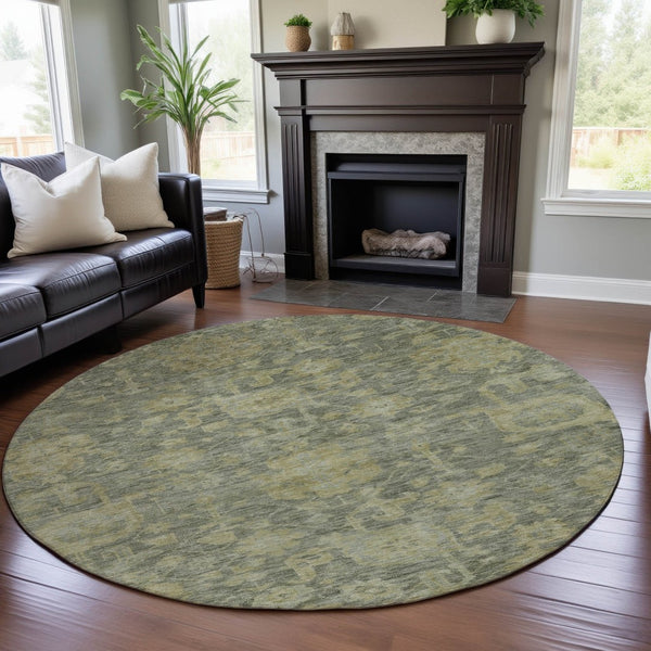 HomeRoots 8' Sage and Gold Damask Round Rug - Washable, UV-Protected, Stain-Resistant for High-Traffic Areas 684415