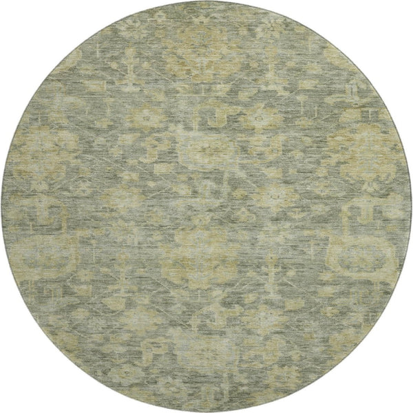 HomeRoots 8' Sage and Gold Damask Round Rug - Washable, UV-Protected, Stain-Resistant for High-Traffic Areas 684415