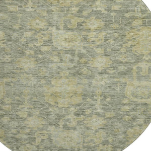 HomeRoots 8' Sage and Gold Damask Round Rug - Washable, UV-Protected, Stain-Resistant for High-Traffic Areas 684415