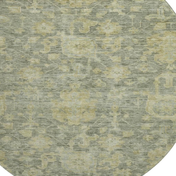 HomeRoots 8' Sage and Gold Damask Round Rug - Washable, UV-Protected, Stain-Resistant for High-Traffic Areas 684415