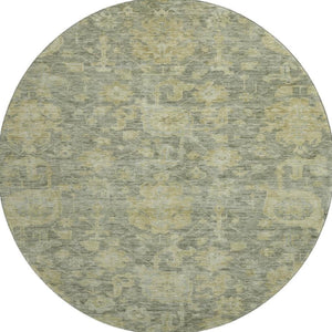 HomeRoots 8' Sage and Gold Damask Round Rug - Washable, UV-Protected, Stain-Resistant for High-Traffic Areas 684415