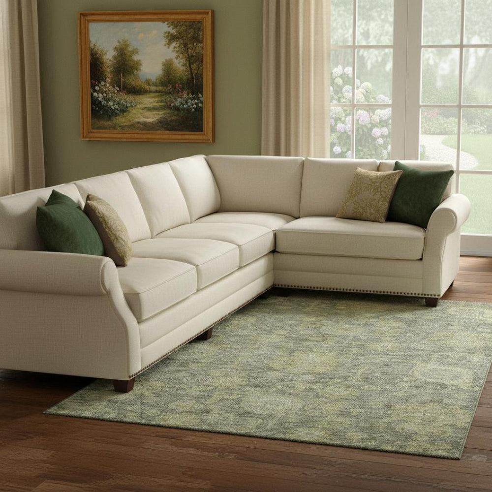 HomeRoots 8' X 10' Sage & Gold Damask Washable Area Rug – Stylish, Durable, Stain-Resistant, UV Protected Design 684416