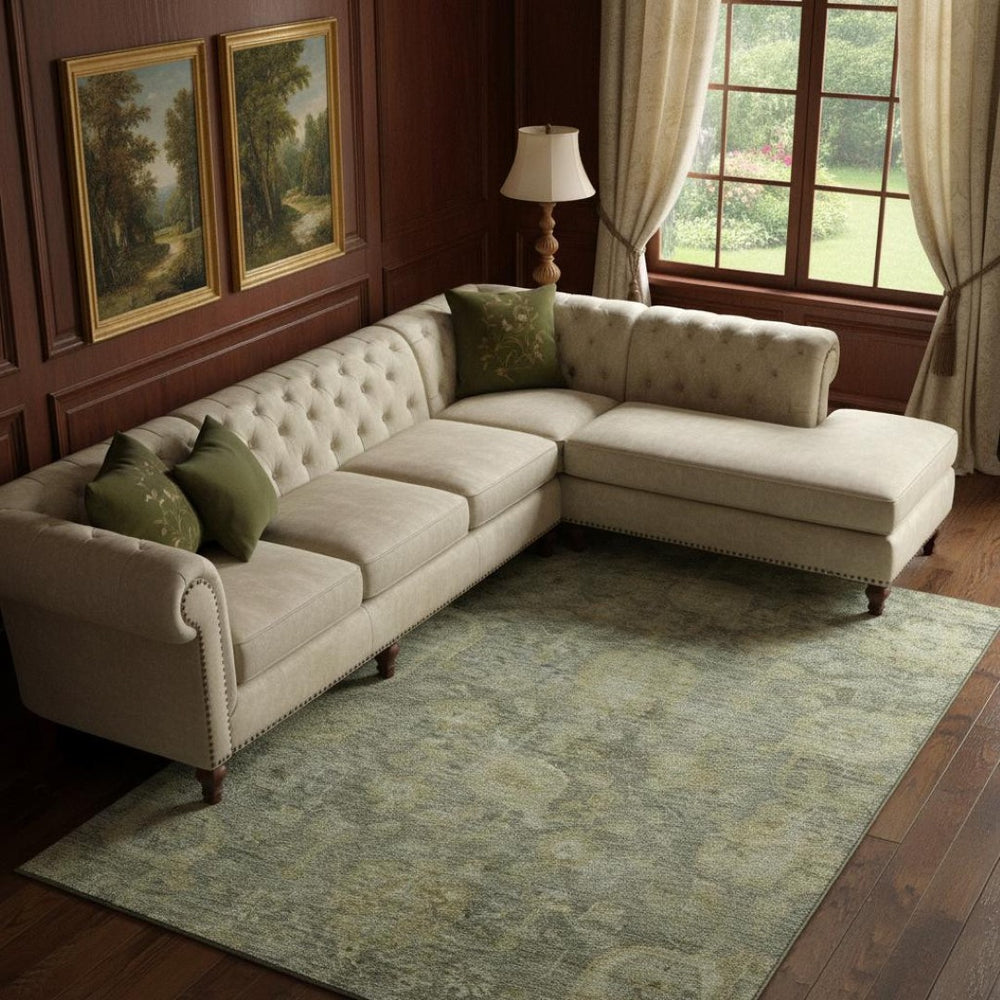 HomeRoots 9' X 12' Sage and Gold Damask Area Rug - Elegant, Washable, UV-Protected, Stain-Resistant Design! 684417