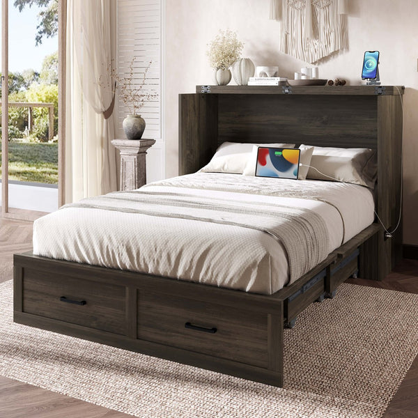 English Elm Murphy Full-Size Cabinet Bed with Built-In Charging Station, Storage Drawer & 700lb Capacity Comfort Gray 52.5 L x 26 W x 5.5 H N733S293995G