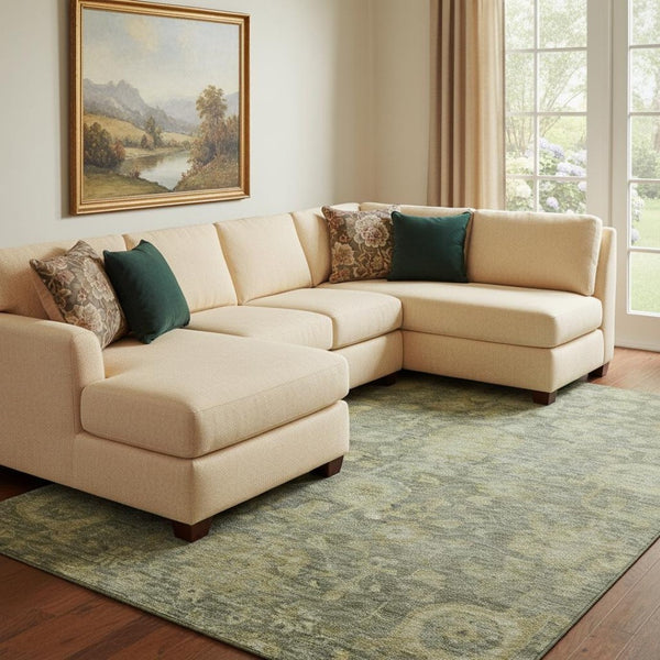 HomeRoots 10' X 14' Sage and Gold Damask Area Rug - Washable, Stain Resistant, UV Protected for Effortless Style 684418