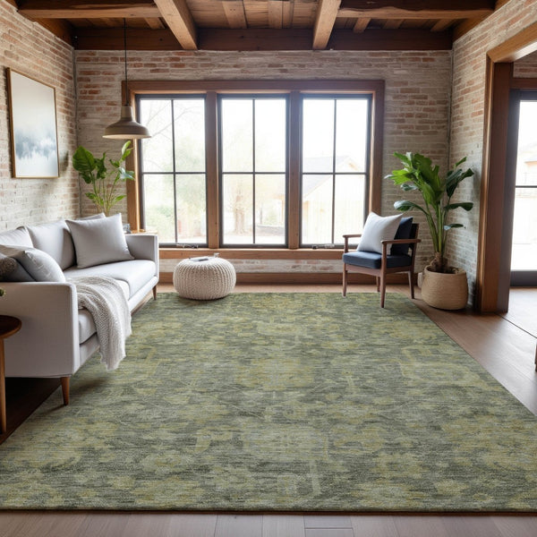 HomeRoots 10' X 14' Sage and Gold Damask Area Rug - Washable, Stain Resistant, UV Protected for Effortless Style 684418