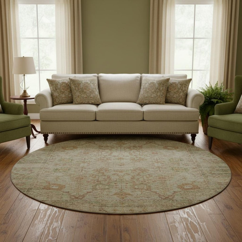 HomeRoots 8' Beige and Coral Oriental Round Rug – Durable, Washable, UV-Protected, Ideal for High-Traffic Areas 684421