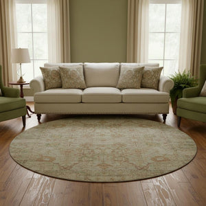 HomeRoots 8' Beige and Coral Oriental Round Rug – Durable, Washable, UV-Protected, Ideal for High-Traffic Areas 684421