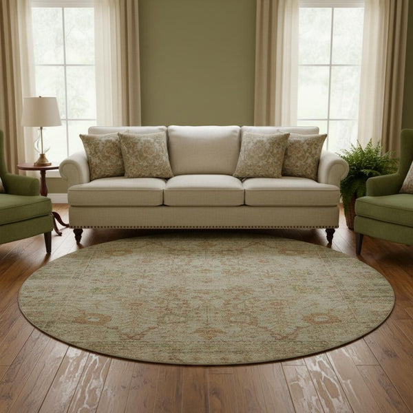 HomeRoots 8' Beige and Coral Oriental Round Rug – Durable, Washable, UV-Protected, Ideal for High-Traffic Areas 684421