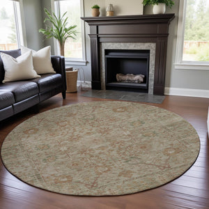 HomeRoots 8' Beige and Coral Oriental Round Rug – Durable, Washable, UV-Protected, Ideal for High-Traffic Areas 684421