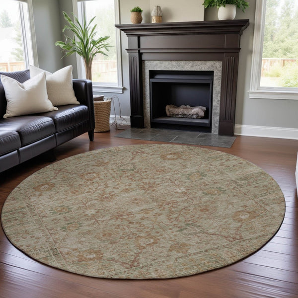 HomeRoots 8' Beige and Coral Oriental Round Rug – Durable, Washable, UV-Protected, Ideal for High-Traffic Areas 684421