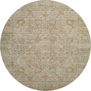 HomeRoots 8' Beige and Coral Oriental Round Rug – Durable, Washable, UV-Protected, Ideal for High-Traffic Areas 684421