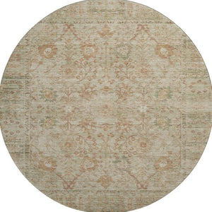 HomeRoots 8' Beige and Coral Oriental Round Rug – Durable, Washable, UV-Protected, Ideal for High-Traffic Areas 684421