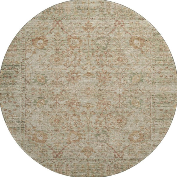 HomeRoots 8' Beige and Coral Oriental Round Rug – Durable, Washable, UV-Protected, Ideal for High-Traffic Areas 684421