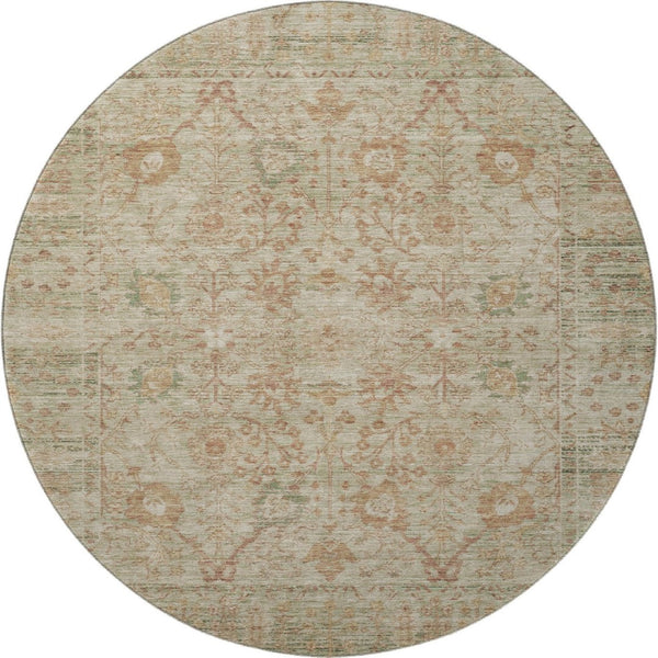 HomeRoots 8' Beige and Coral Oriental Round Rug – Durable, Washable, UV-Protected, Ideal for High-Traffic Areas 684421