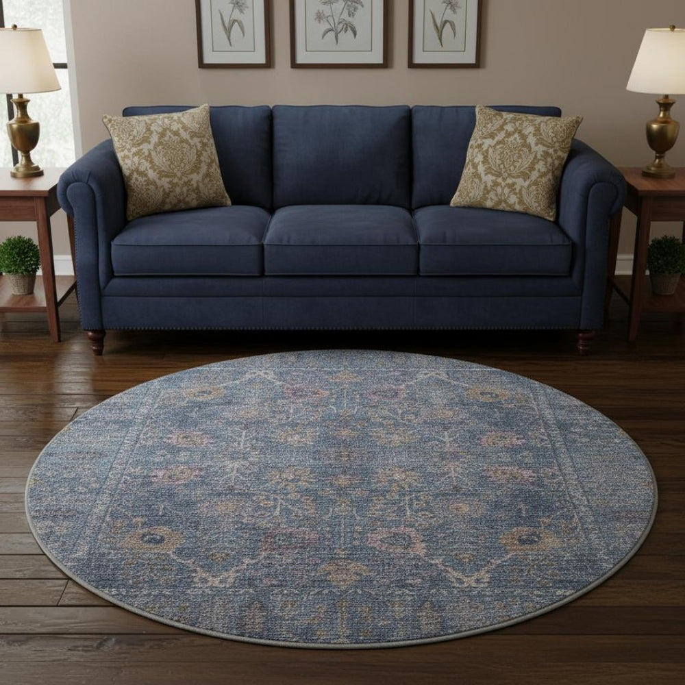 HomeRoots 8' Blue and Brown Oriental Round Rug - Washable, UV Protected, Soft & Durable for Everyday Use 684427