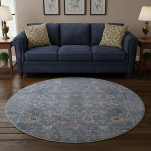 HomeRoots 8' Blue and Brown Oriental Round Rug - Washable, UV Protected, Soft & Durable for Everyday Use 684427