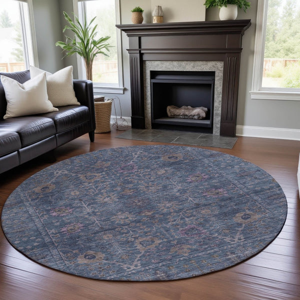HomeRoots 8' Blue and Brown Oriental Round Rug - Washable, UV Protected, Soft & Durable for Everyday Use 684427