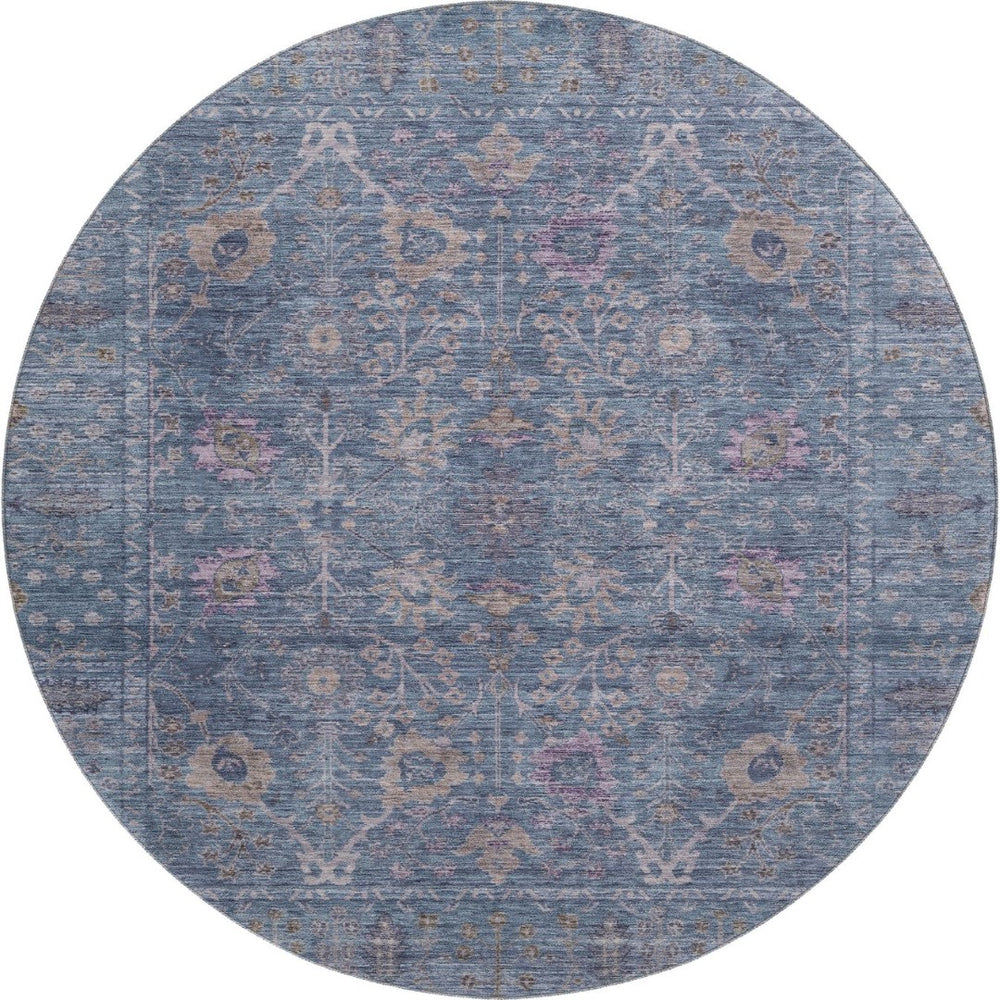 HomeRoots 8' Blue and Brown Oriental Round Rug - Washable, UV Protected, Soft & Durable for Everyday Use 684427