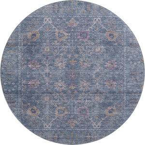 HomeRoots 8' Blue and Brown Oriental Round Rug - Washable, UV Protected, Soft & Durable for Everyday Use 684427