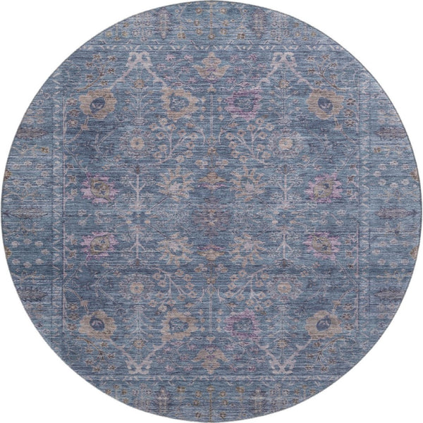 HomeRoots 8' Blue and Brown Oriental Round Rug - Washable, UV Protected, Soft & Durable for Everyday Use 684427
