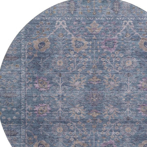 HomeRoots 8' Blue and Brown Oriental Round Rug - Washable, UV Protected, Soft & Durable for Everyday Use 684427