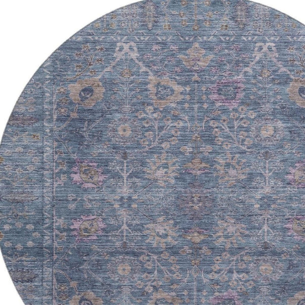HomeRoots 8' Blue and Brown Oriental Round Rug - Washable, UV Protected, Soft & Durable for Everyday Use 684427