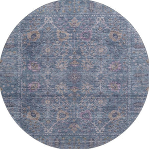 HomeRoots 8' Blue and Brown Oriental Round Rug - Washable, UV Protected, Soft & Durable for Everyday Use 684427