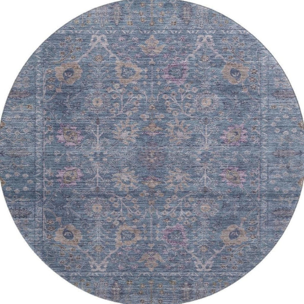 HomeRoots 8' Blue and Brown Oriental Round Rug - Washable, UV Protected, Soft & Durable for Everyday Use 684427