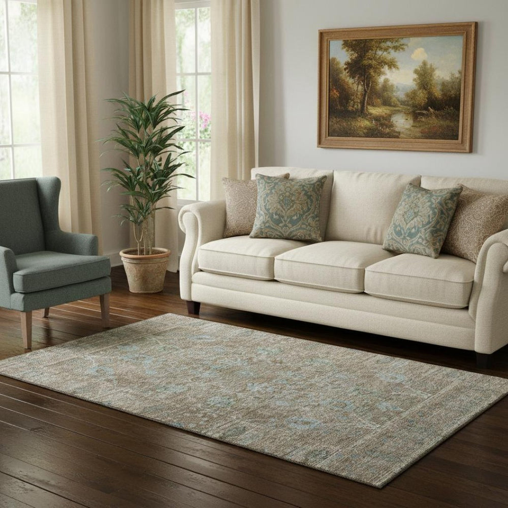 HomeRoots 5' X 8' Brown and Blue Oriental Area Rug - Washable, Stain Resistant, UV-Protected for Everyday Use 684432