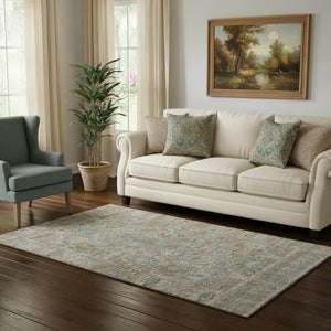 HomeRoots 5' X 8' Brown and Blue Oriental Area Rug - Washable, Stain Resistant, UV-Protected for Everyday Use 684432