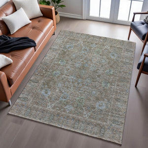 HomeRoots 5' X 8' Brown and Blue Oriental Area Rug - Washable, Stain Resistant, UV-Protected for Everyday Use 684432